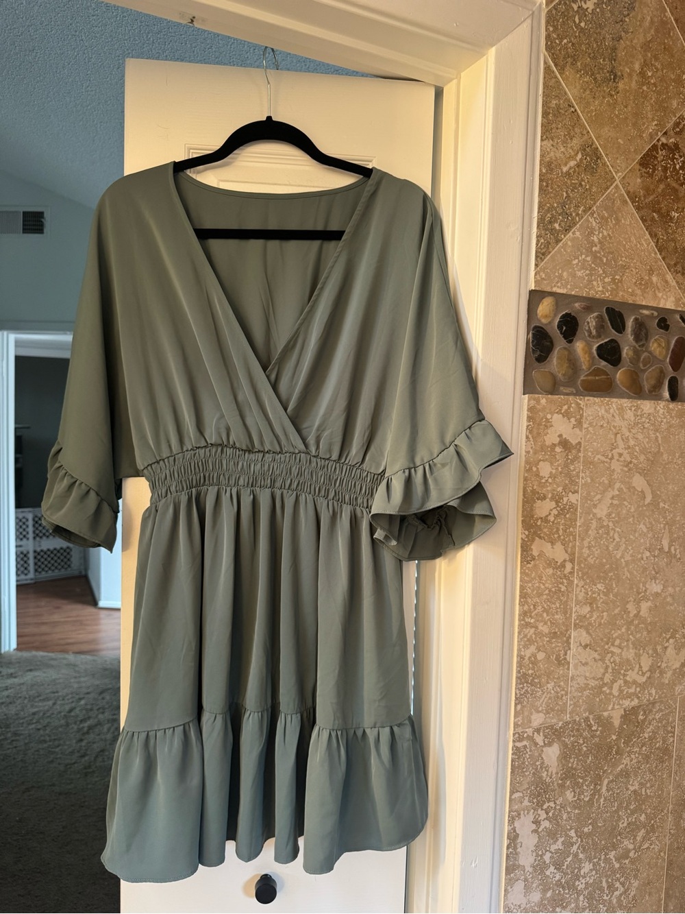Sage Green Tiered V-Neck Smocked Waist Dress